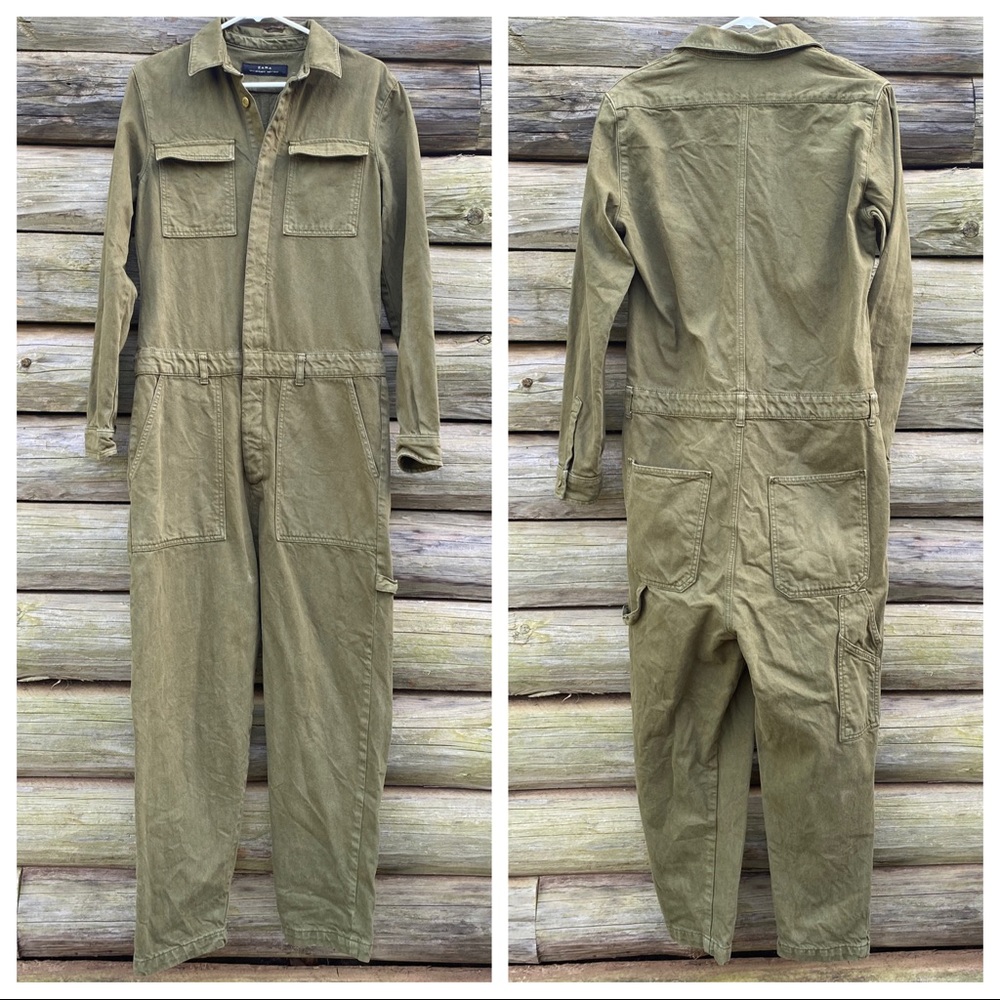 ZARA olive green utility coverall jumpsuit, twill denim, size SMALL